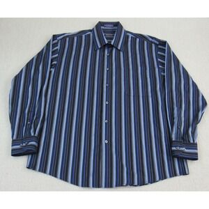 Roberto Villini Shirt Men Large Blue Black Stripe Button Front Dress No Size Tag